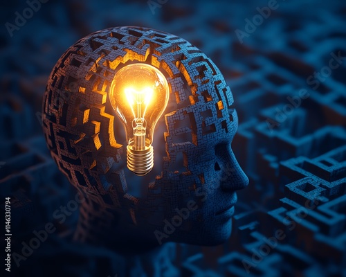 a glowing lightbulb at the heart of a complex human headshaped maze, symbolizing clarity through problemsolving, highresolution details, dramatic lighting photo