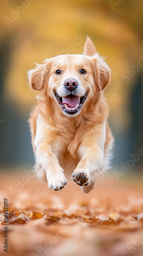 A joyful golden retriever runs through a colorful autumn landscape, showcasing its playful spirit and happiness in a natural setting.