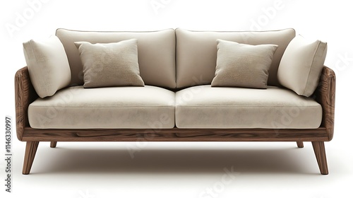 A modern, minimalist two-seater sofa with light cushions and a dark wooden frame. photo