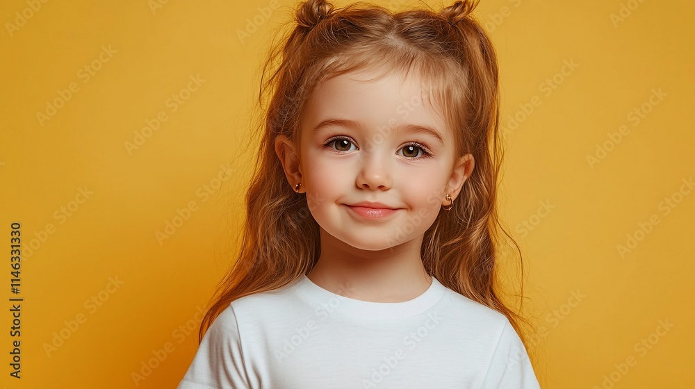 Portrait of a cute little girl with pigtails smiling against a yellow background. Portrait of a cute little girl with pigtails smiling against a yellow background.