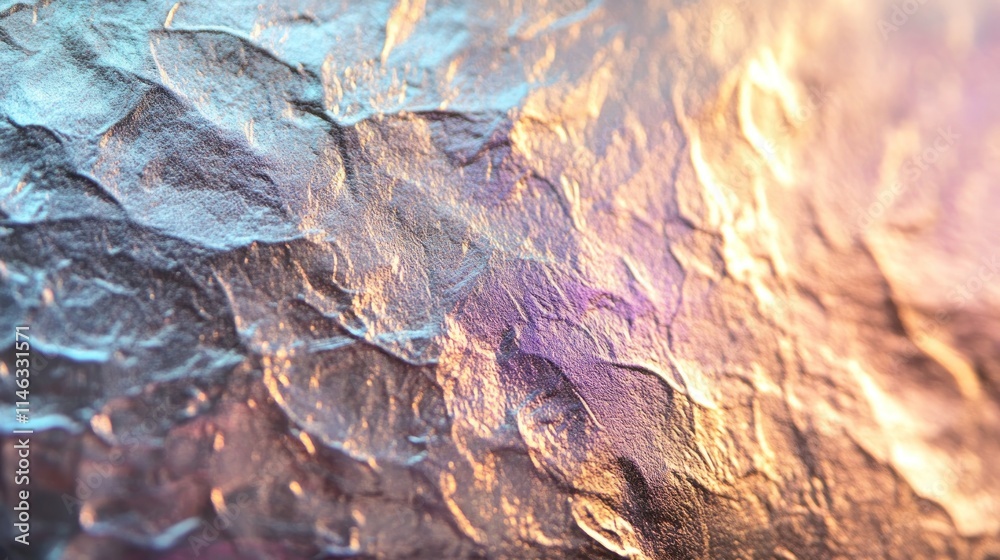 Naklejka premium A close-up view of textured metallic surface reflecting light in various hues.