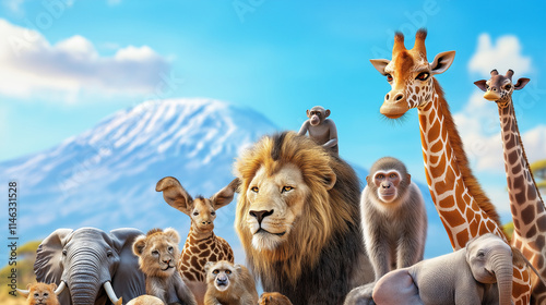 giraffe, elephant, monkey, tiger and other animals in front of the mountain background photo