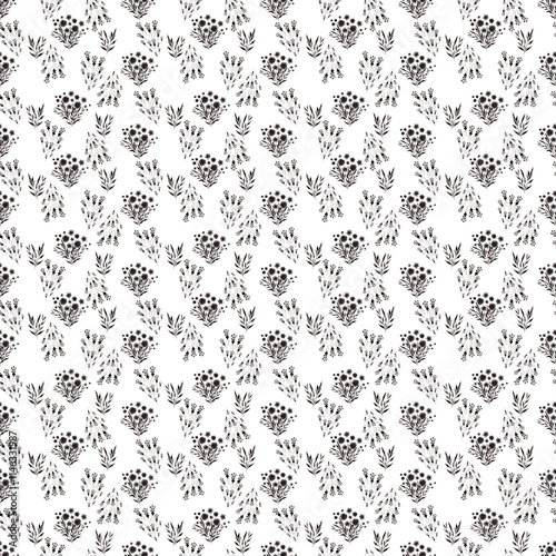 Watercolor black and white seamless pattern with plants and beetles