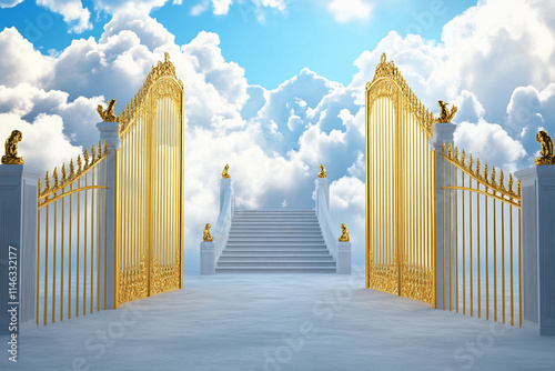 Golden gates leading to a heavenly stairway in the clouds photo