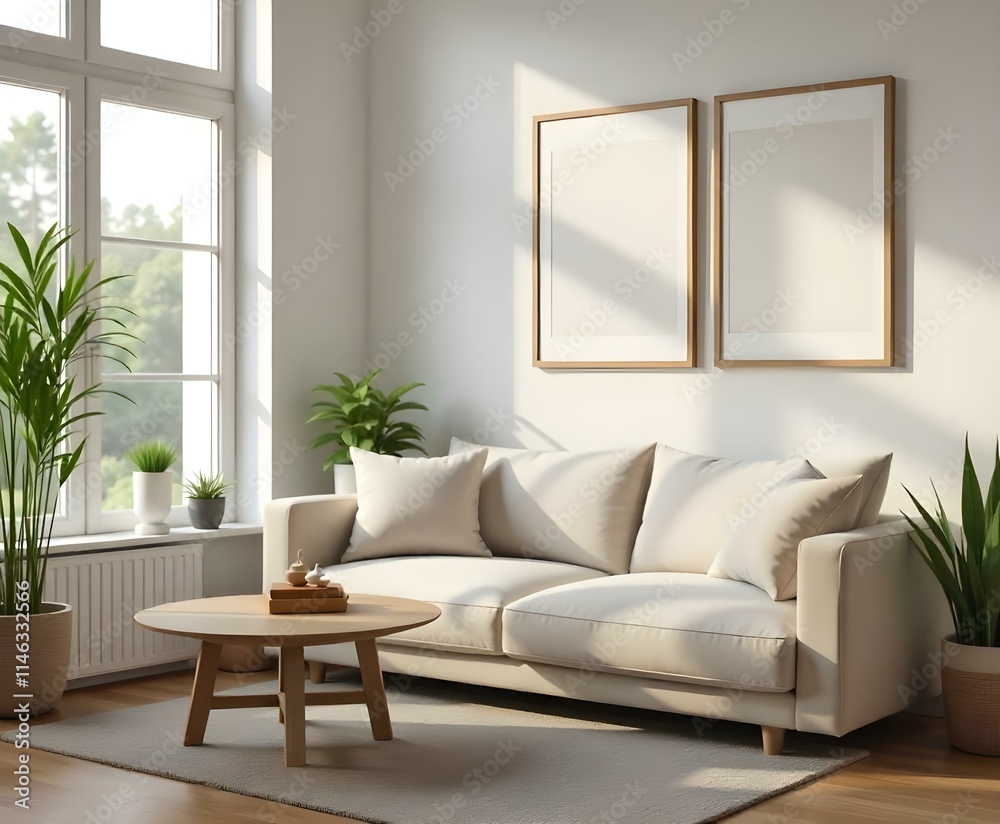 A cozy and minimalist living room with a large beige sectional sofa, wooden coffee table, and potted plants A cozy and minimalist living room with a large beige sectional sofa, wooden coffee table, and potted plants
