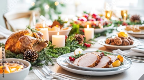 A festive table set with a holiday feast, including turkey, candles, and decorations.