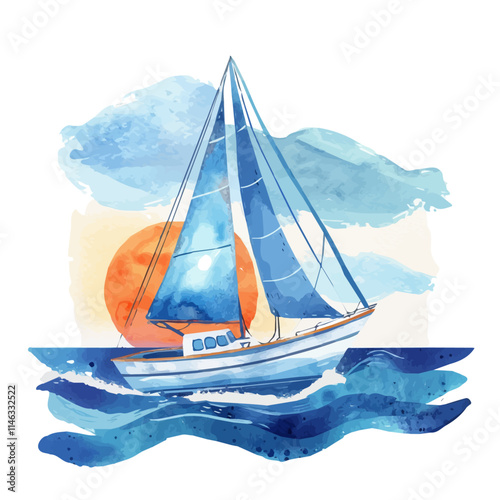 A watercolor drawing of a boat sailing in the blue ocean, isolated on a white background. Boat ocean vector.
