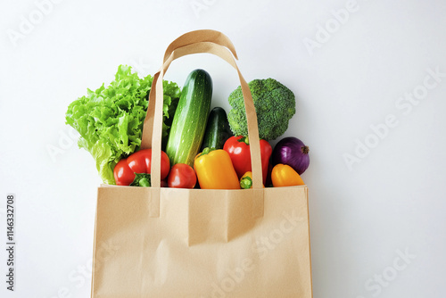 Fresh vegetables and greens in a reusable grocery bag photo