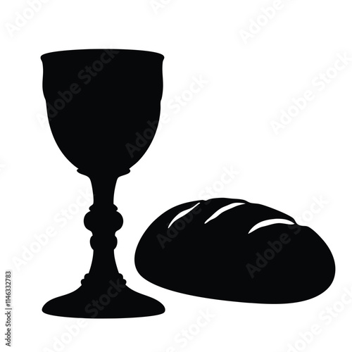 Chalice and bread black and white silhouette illustration isolated on a white background