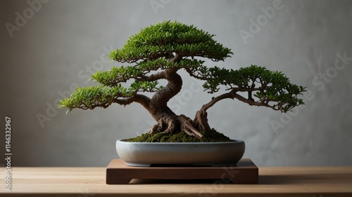 Serene bonsai tree in elegant pot on wooden stand.