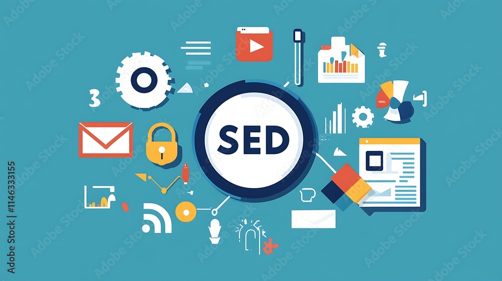 Illustration of SEO and related marketing concepts Illustration of SEO and related marketing concepts
