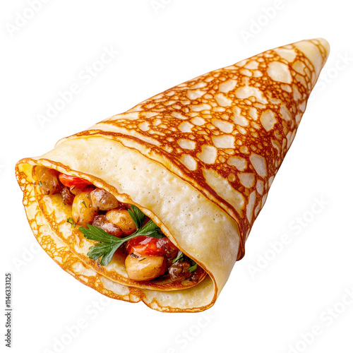 Delicious Crepe png concept. Deliciously filled crepe in a cone shape, showcasing vibrant ingredients. photo