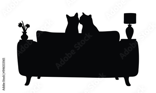 Cute couple cat sitting on a sofa silhouette illustration