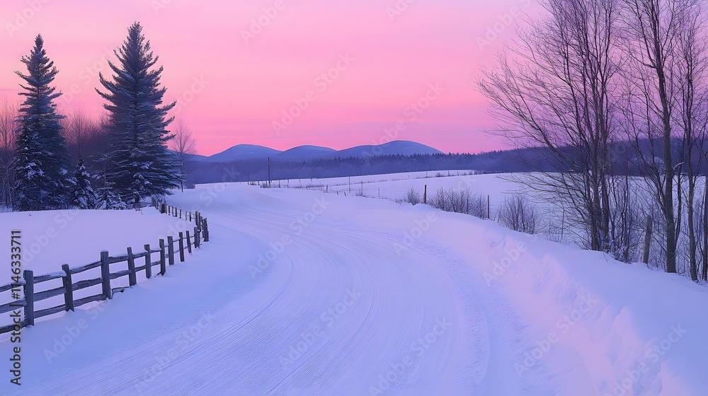 A serene winter landscape with a snow-covered winding road, solitary pine and birch trees, a wooden fence, and a pastel pink and purple sunset sky offers a peaceful Nordic scenery. A serene winter landscape with a snow-covered winding road, solitary pine and birch trees, a wooden fence, and a pastel pink and purple sunset sky offers a peaceful Nordic scenery.