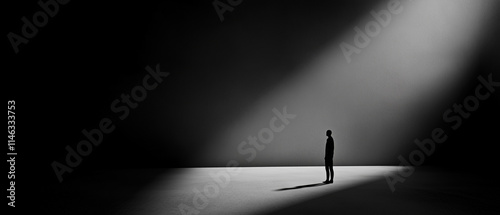 Silhouette of lone figure standing in spotlight on dark empty stage symbolizing solitude, introspection, and minimalism