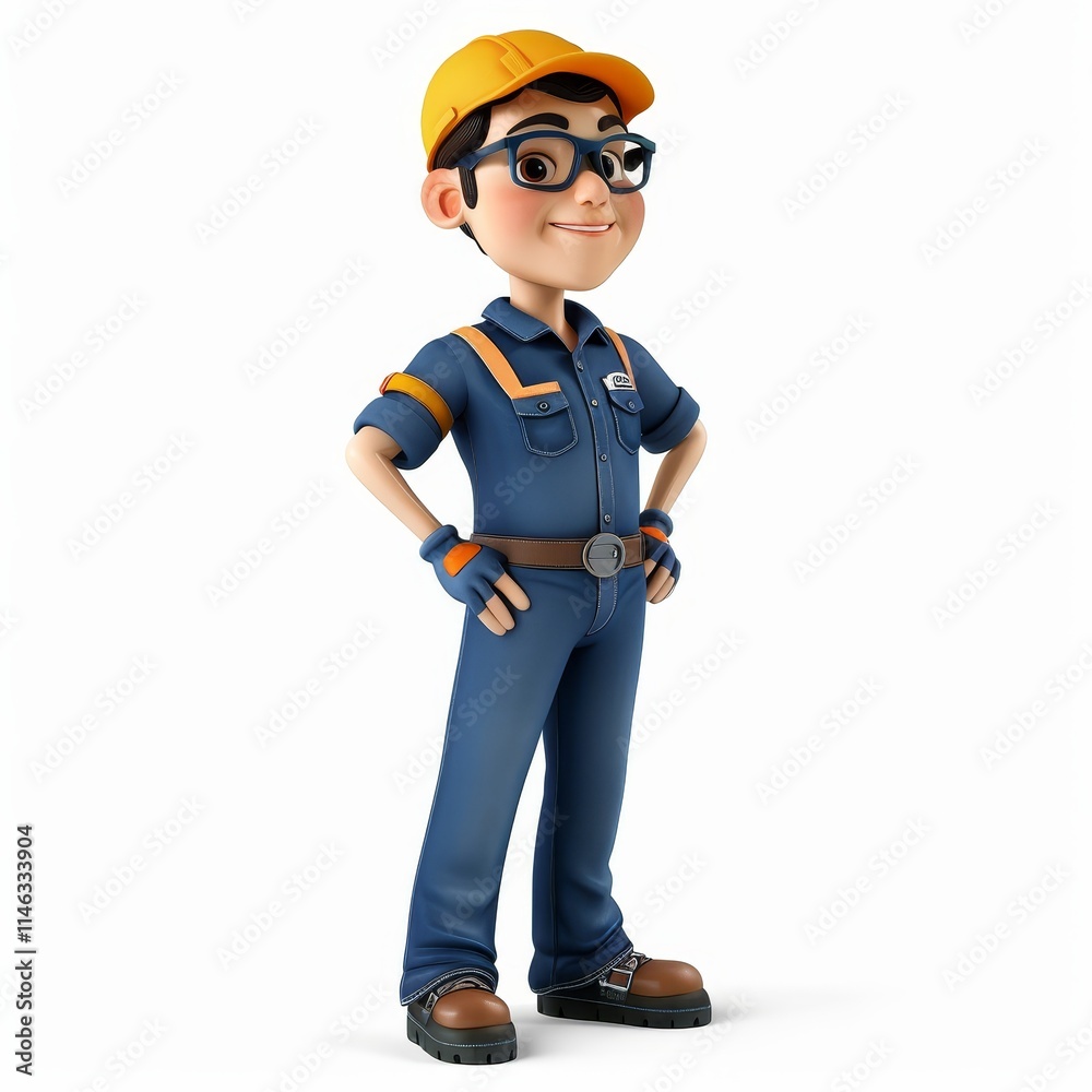 A smiling cartoon mechanic in blue overalls and a yellow hardhat stands with his hands on his hips, looking confident and ready to work. A smiling cartoon mechanic in blue overalls and a yellow hardhat stands with his hands on his hips, looking confident and ready to work.