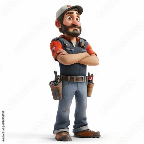 A cartoon man wearing a blue and red work uniform, a cap, and tool belts with crossed arms, looking up.