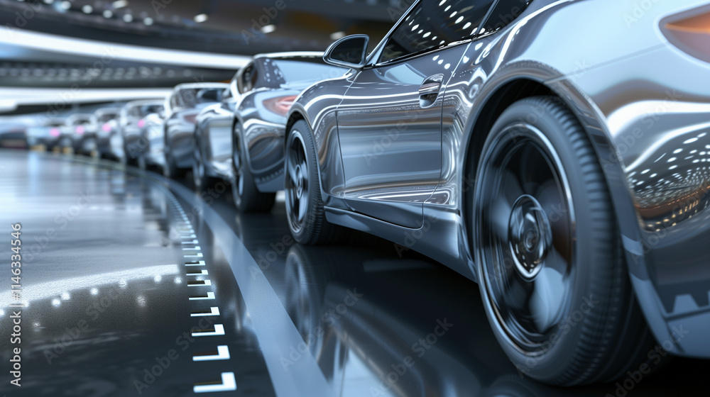 Fototapeta premium Futuristic Highway Merging, Symbol of Tech Integration and Innovation, Blurred Background Emphasizing Sleek Cars