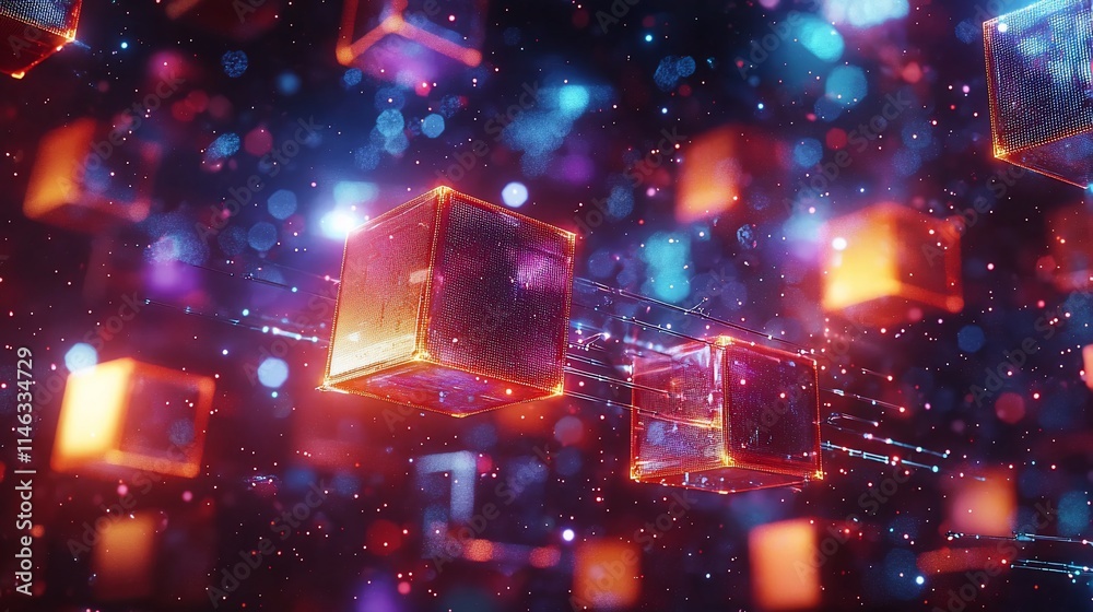 Fototapeta premium Glowing cubes float in a digital space, connected by lines of light.