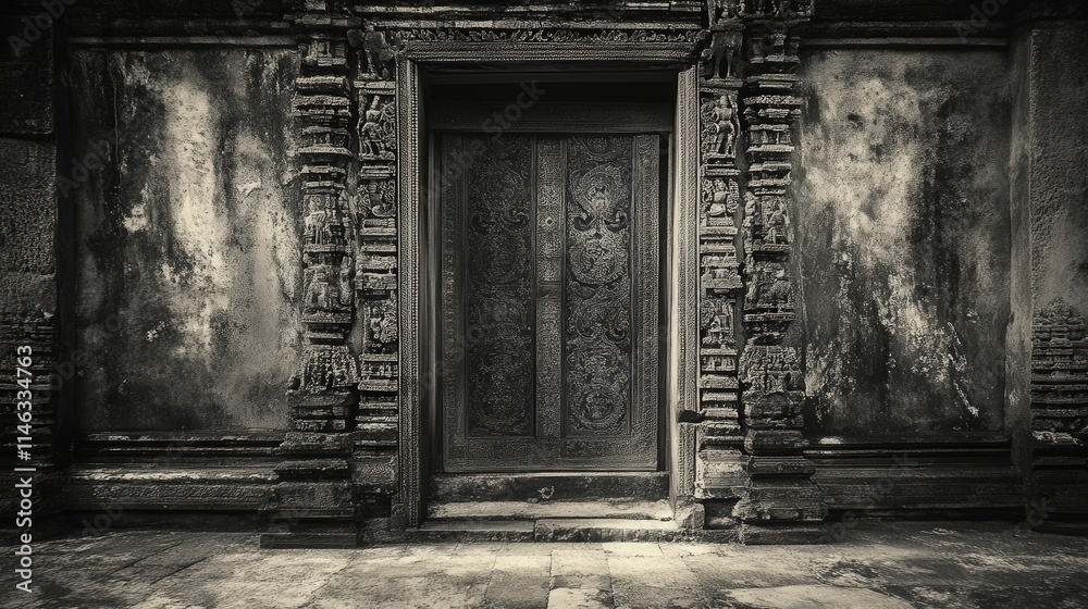 an ancient temple door, its once vibrant carvings now faded with time. The black an ancient temple door, its once vibrant carvings now faded with time. The black