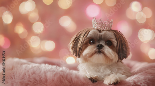Shih Tzu dog wearing tiny sparkling crown poses on plush pink cushion, surrounded by dreamy bokeh background of warm lights, creating whimsical and royal atmosphere