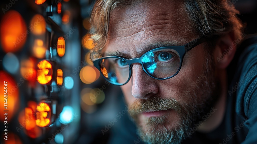 Focused Man Working on Complex Technological Project Focused Man Working on Complex Technological Project