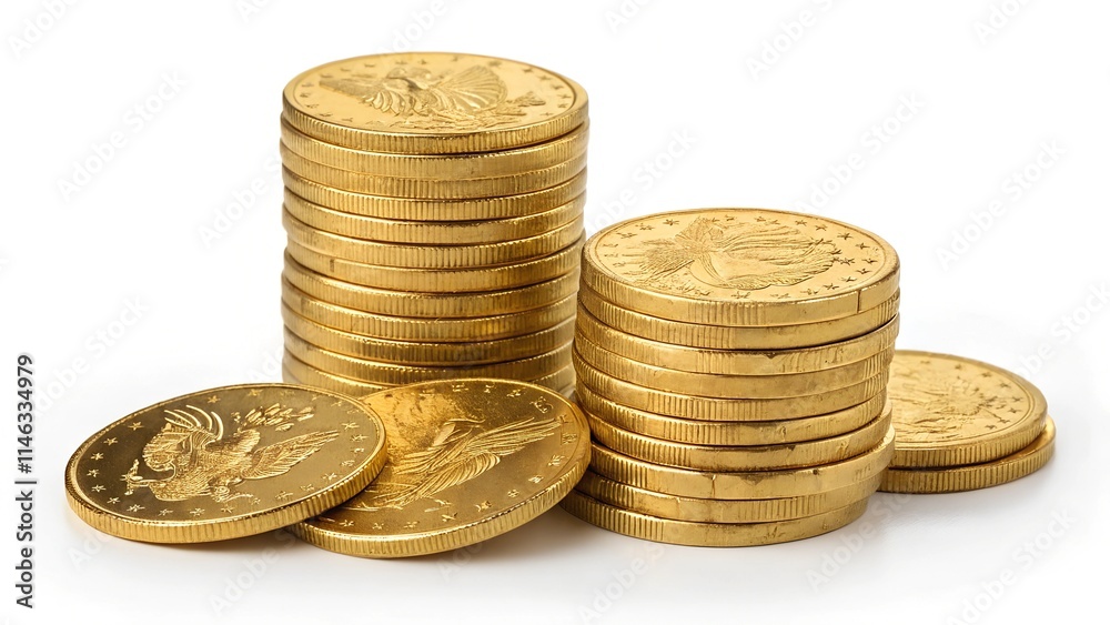 Golden coins stacked high, a symbol of wealth and financial success Golden coins stacked high, a symbol of wealth and financial success
