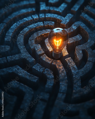 human headshaped maze with a glowing lightbulb at the center, representing clarity and complex problemsolving, soft light, detailed lines, deep shadows photo