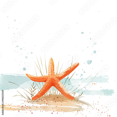 A watercolor vector of a bright orange starfish on the ocean floor, isolated on a white background. Starfish ocean vector.
