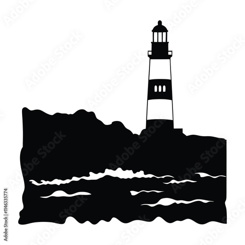 Lighthouse black and white silhouette illustration isolated on a white background