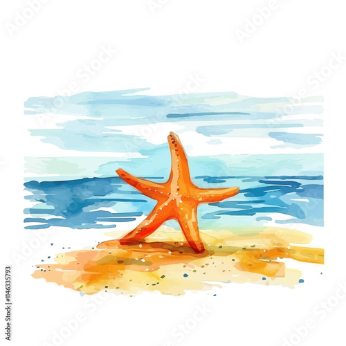 A watercolor vector of a bright orange starfish on the ocean floor, isolated on a white background. Starfish ocean vector.
