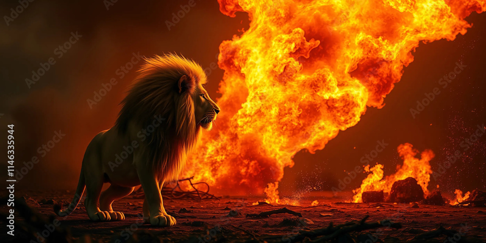 Obraz premium lion with fire illustration design in a beautiful background