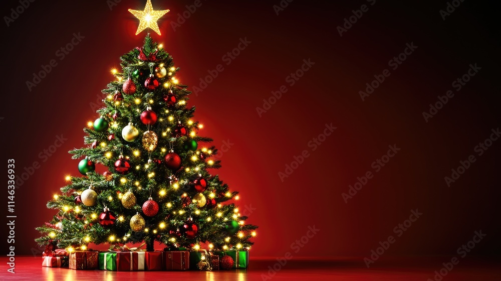A beautifully decorated Christmas tree with lights and gifts underneath, set against a dark background. A beautifully decorated Christmas tree with lights and gifts underneath, set against a dark background.