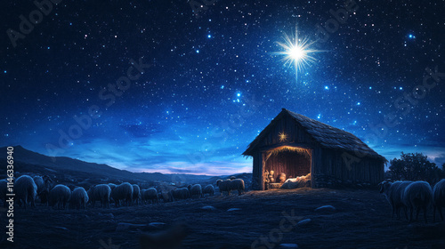 Wooden Stable at Dark Blue Starry Night, Jesus Christ Birth Concept Banner with Copy Space