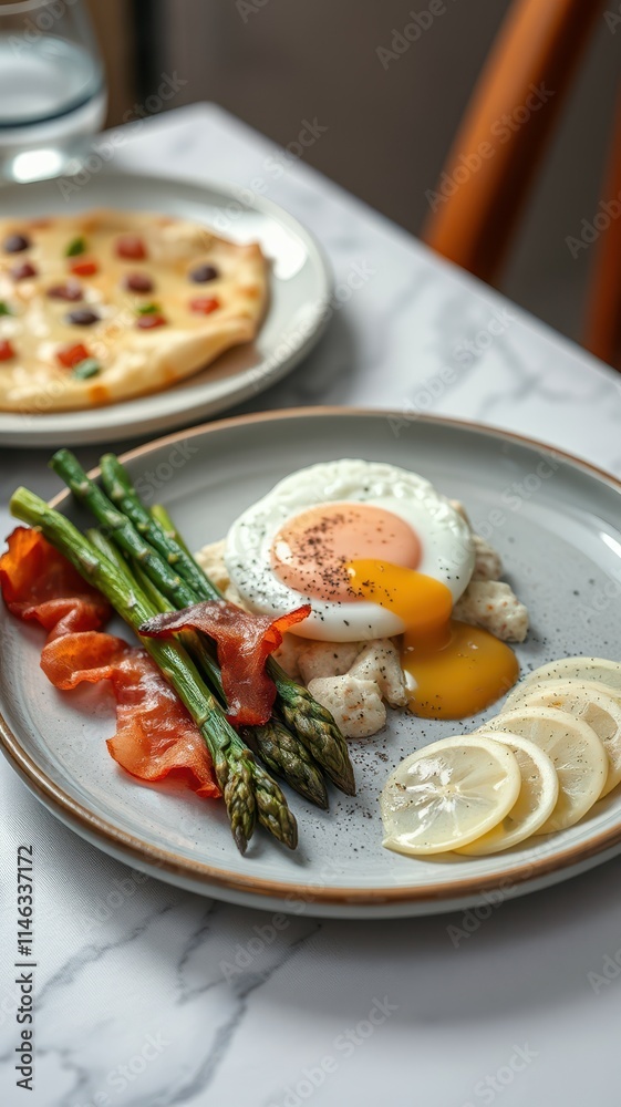 Delicious breakfast with poached egg, asparagus, and smoked salmon served on elegant table