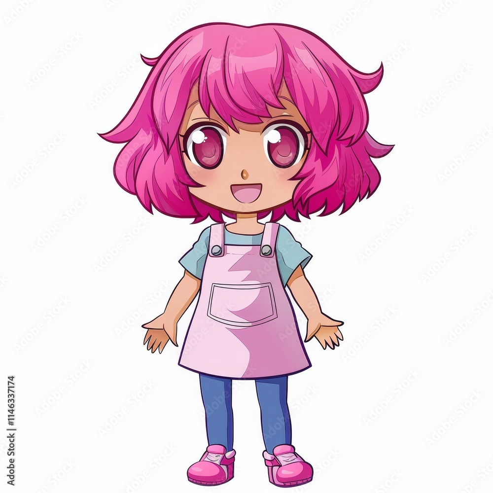 A cheerful cartoon girl with pink hair wearing a pink pinafore dress and blue jeans, smiling with her hands open. A cheerful cartoon girl with pink hair wearing a pink pinafore dress and blue jeans, smiling with her hands open.
