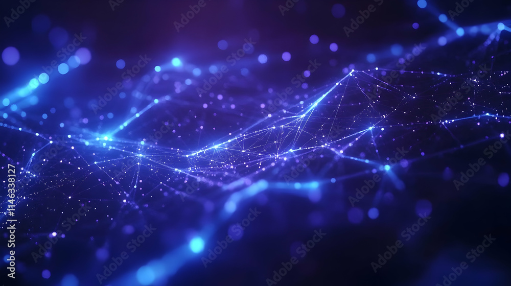 Abstract 3D Network Background, Blue Glowing Nodes Abstract 3D Network Background, Blue Glowing Nodes