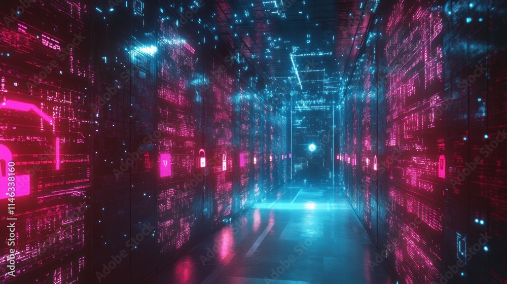Fototapeta premium Cybersecurity interface protecting stock market data, glowing digital locks and encrypted streams 