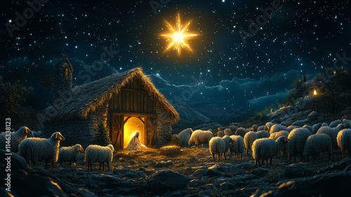 Wooden Stable at Dark Blue Starry Night, Jesus Christ Birth Concept Banner with Copy Space