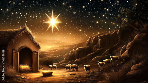 Wooden Stable at Dark Blue Starry Night, Jesus Christ Birth Concept Banner with Copy Space