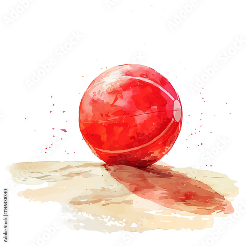 A watercolor vector of a bright red beach ball rolling on the sand, isolated on a white background. Beach ball sand vector.
