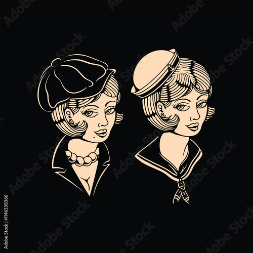 lady traditional tattoo design set