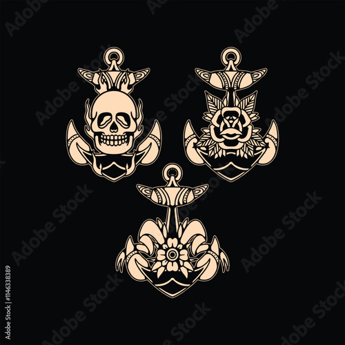 anchor traditional tattoo design set