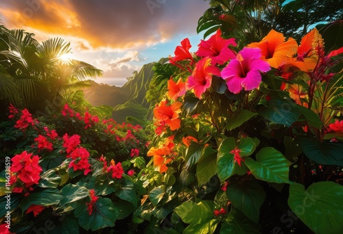 vibrant tropical landscapes featuring vivid floral details lush colorful stunning sunny capturing breathtaking beauty, flowers, greenery, blossoms, nature photo