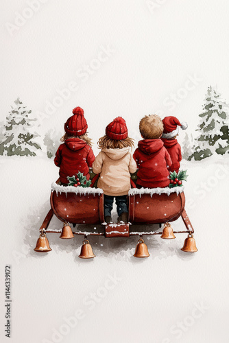 Christmas joyful holiday, Children enjoying a winter sled ride in a snowy landscape, evoking joy and holiday spirit. Perfect for festive themes.