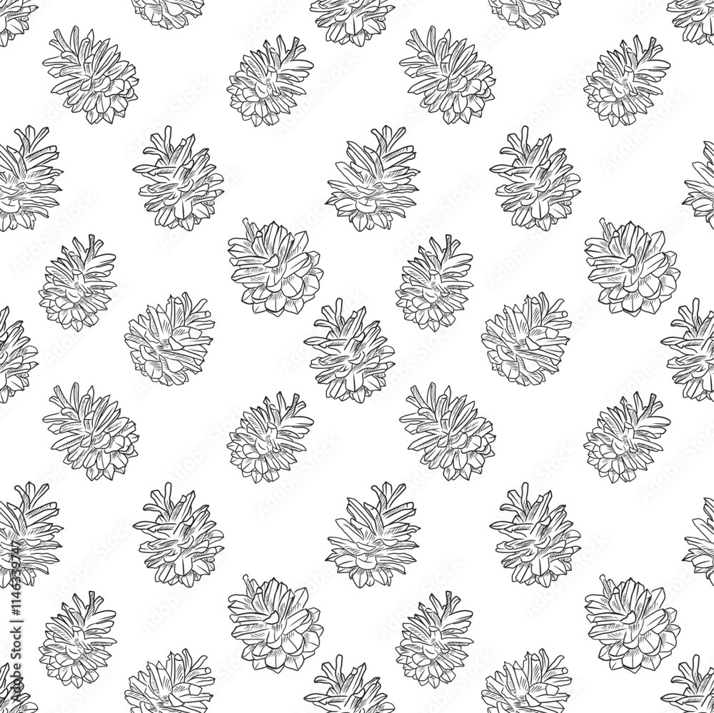 Fototapeta premium Vector seamless pattern with pine cones in black on white background. Hand drawn vector sketch illustration in doodle engraved vintage outline style. Nature botanical winter design