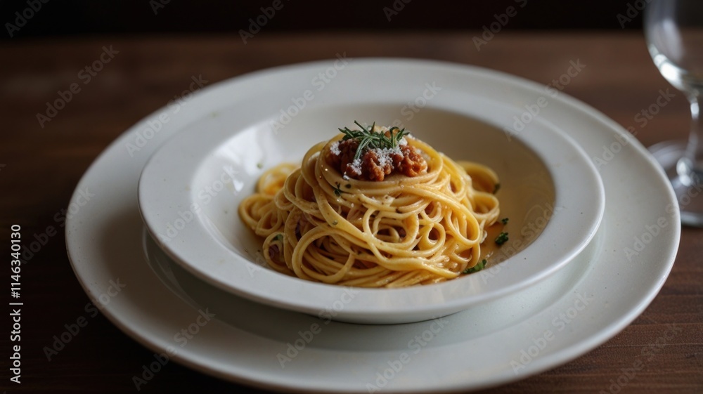 Delicious spaghetti pasta dish with meat sauce, cheese, and herbs served in a white bowl on a wooden table. Delicious spaghetti pasta dish with meat sauce, cheese, and herbs served in a white bowl on a wooden table.