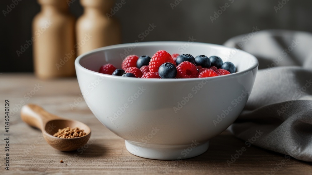Fresh raspberries and blueberries in a white bowl on a wooden table. Fresh raspberries and blueberries in a white bowl on a wooden table.