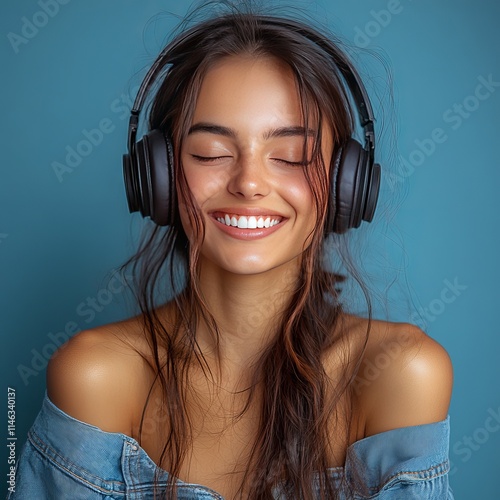 Young student Indian woman wearing headphones isolated laughing and having fun