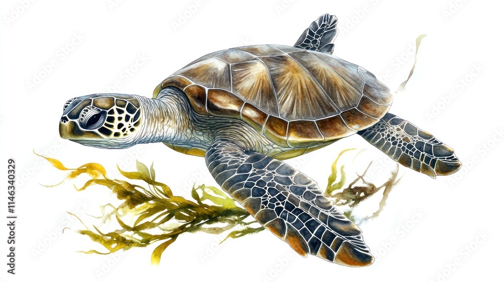 Obraz premium A detailed illustration of a sea turtle swimming among seaweed.